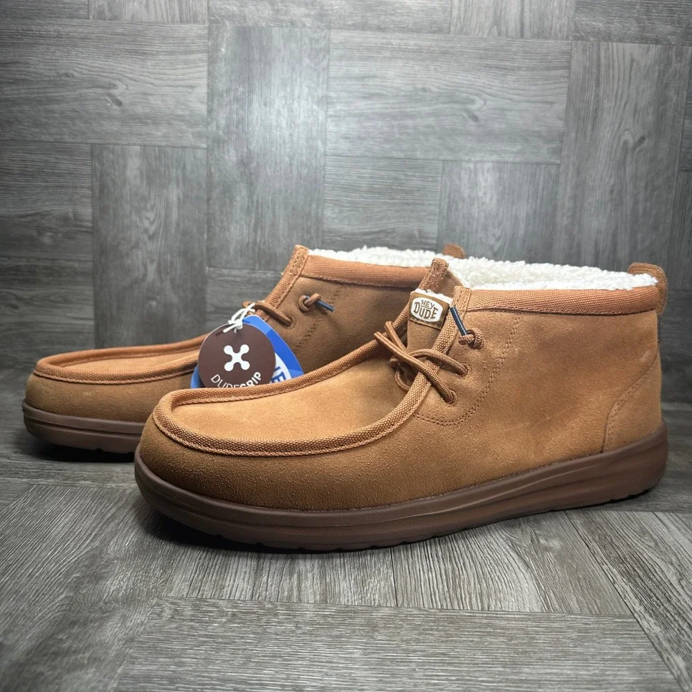 Hey Dude Wally Mid Gripr Warmth Mens 14 Brown Suede Faux Fur Winter Boots NEW
